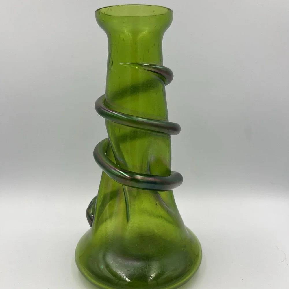Antique Rindskopf‎ Snake Vase Bohemian Art Glass Olive Iridescent ca.1900